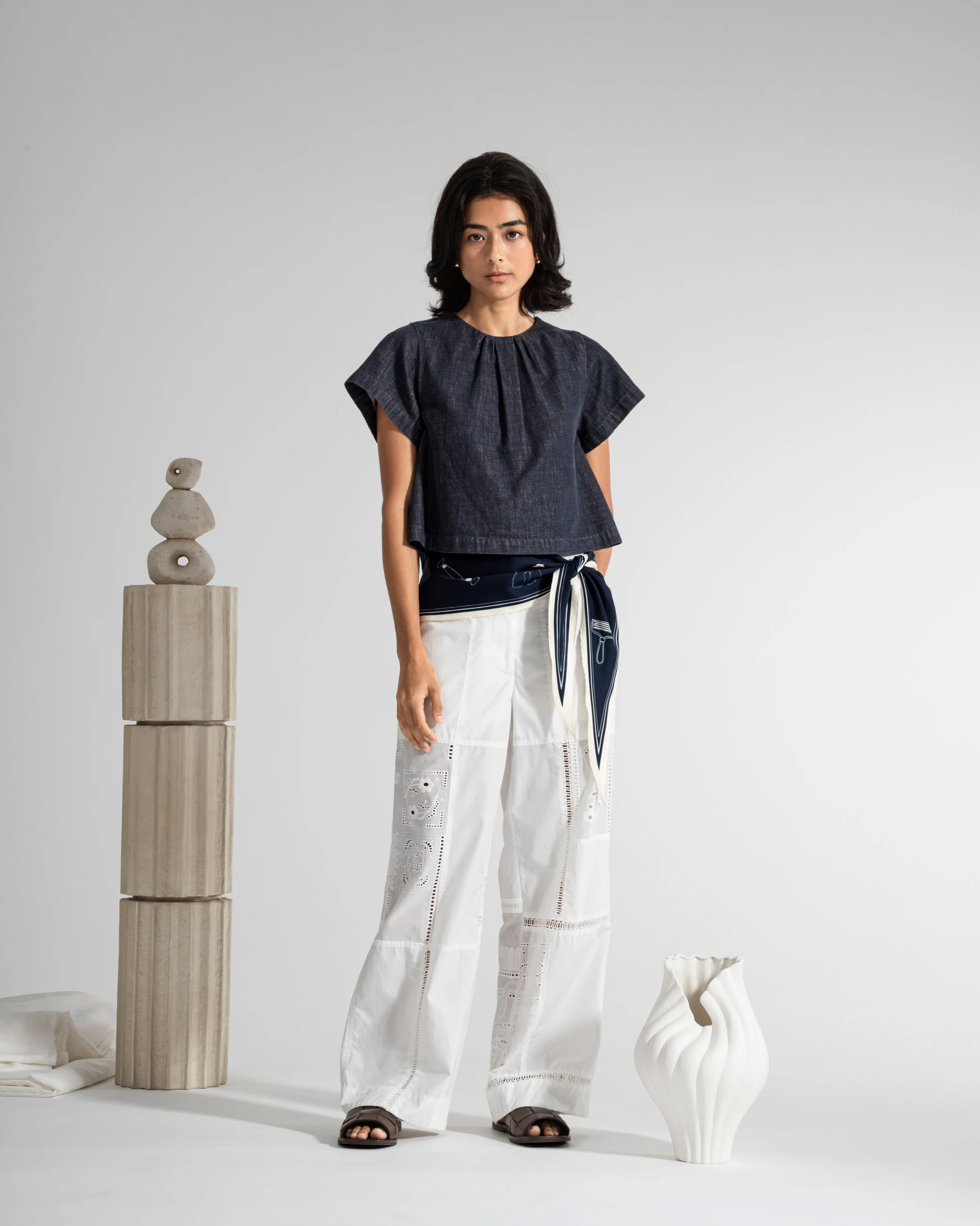Gathered Neck Denim Top - Image 2