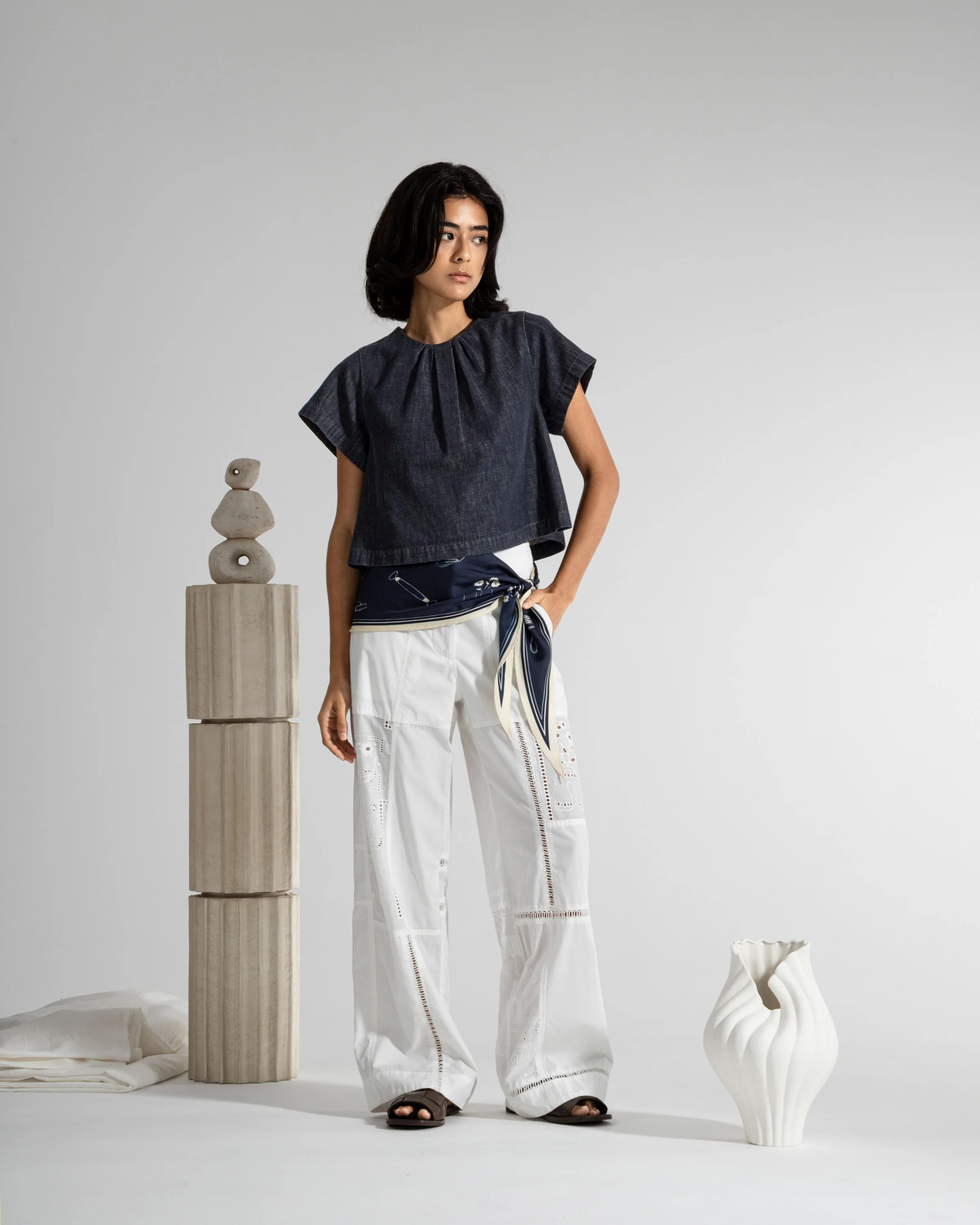 Gathered Neck Denim Top - Image 3