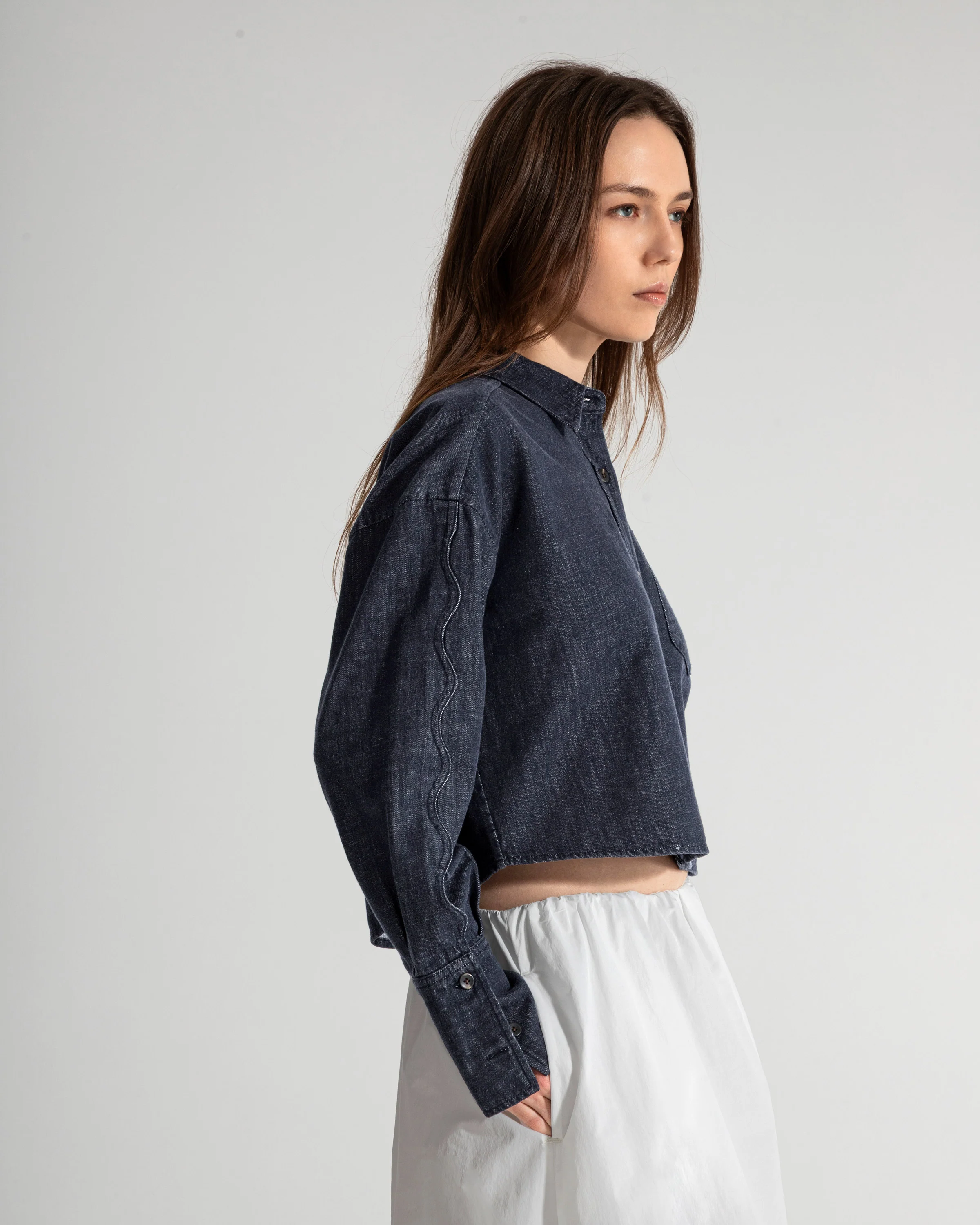 Motif Sleeve Denim Shirt - Image 4